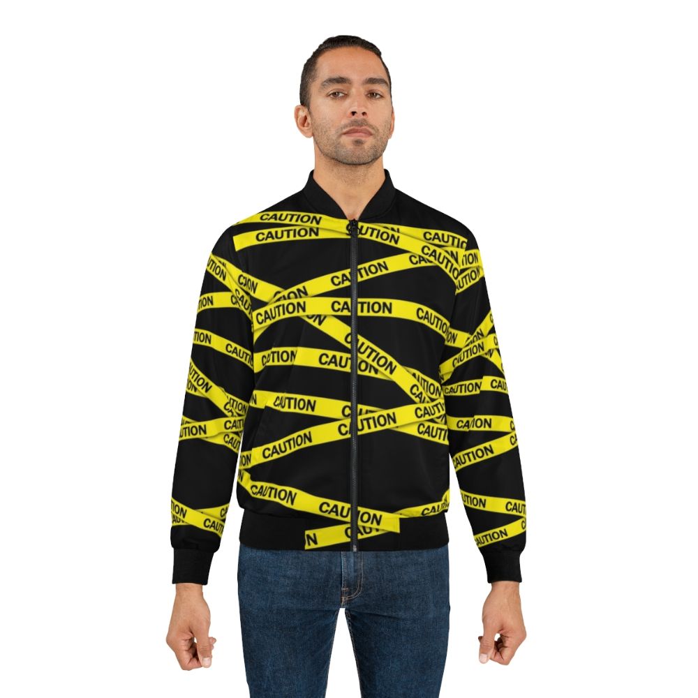 Caution Tape Bomber Jacket - Bright Yellow Reflective Jacket with Warning Tape Design - Lifestyle