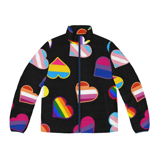 Colorful puffer jacket with pride flags and hearts design