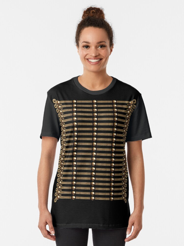 Hussar uniform graphic on a t-shirt with a focus on the Napoleonic-era military history. - Women