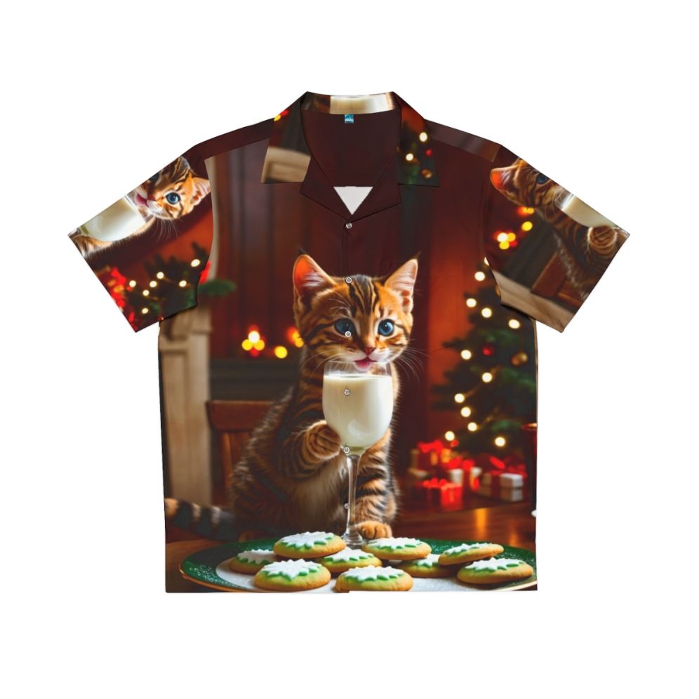 Magical Cat Santa's Helper Hawaiian Shirt featuring a surreal digital artwork with a cat in a Santa hat