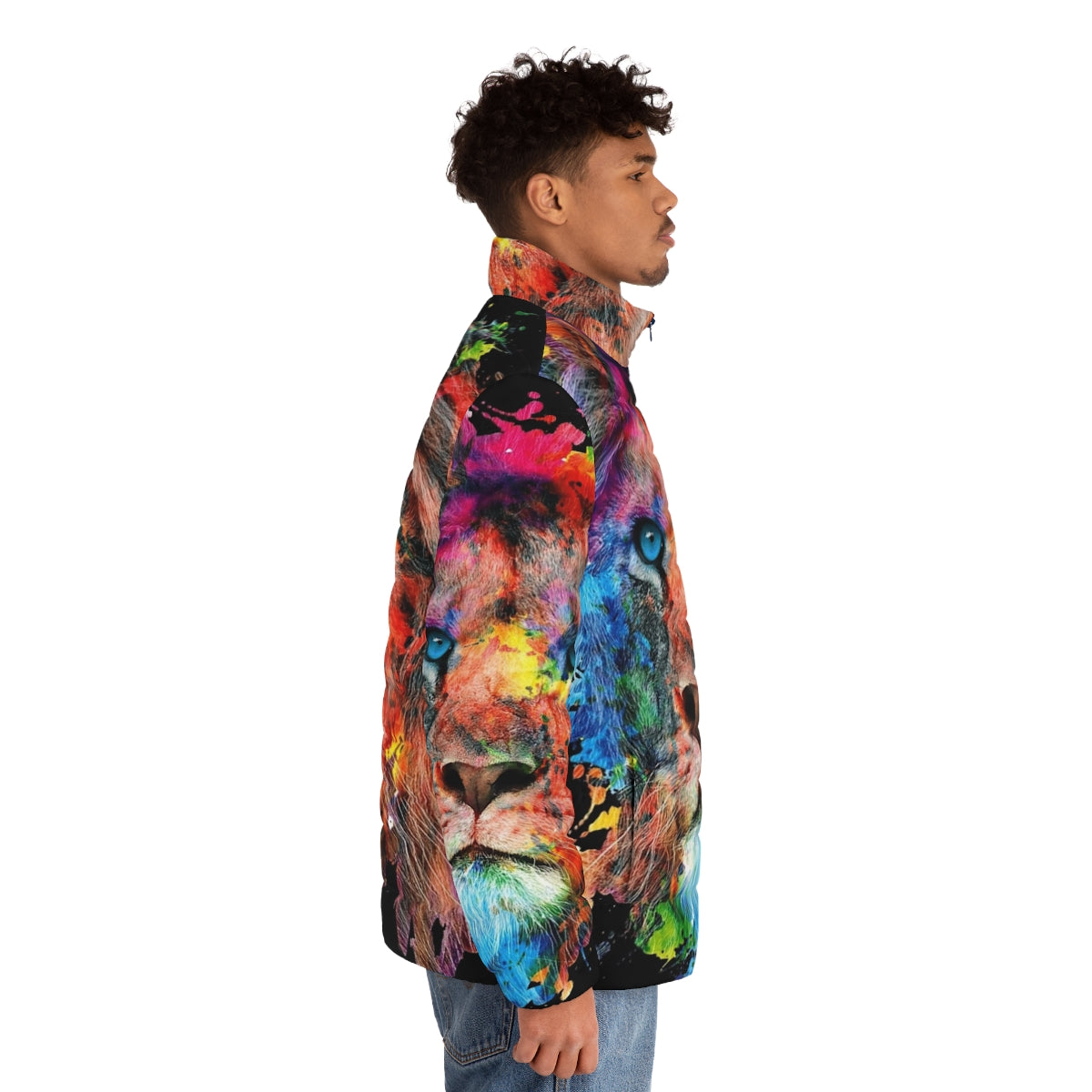 Vibrant watercolor painting of a majestic lion on a cozy puffer jacket - men side right