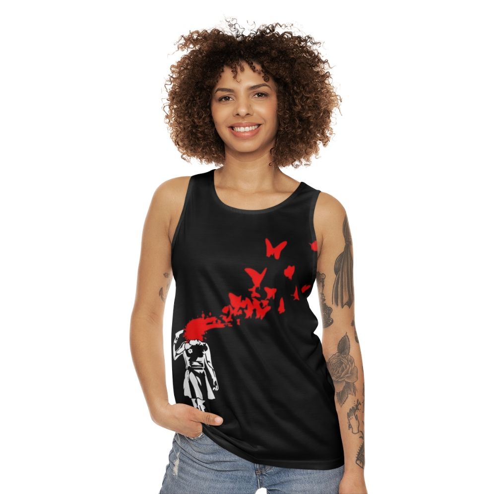 Banksy-inspired butterfly unisex tank top - women