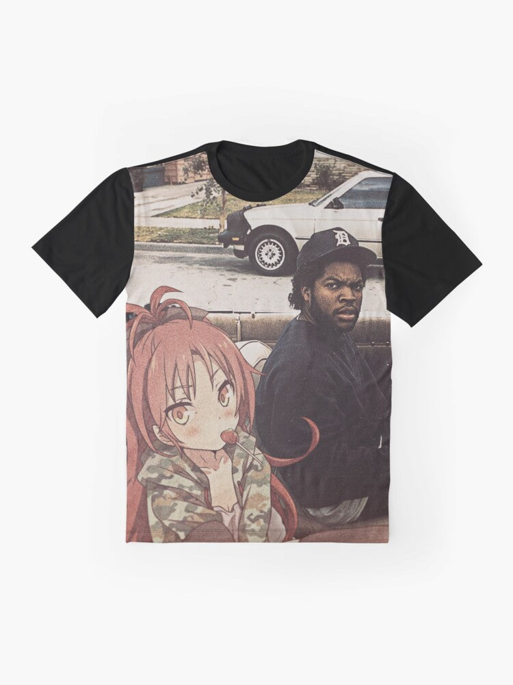 Anime-inspired graphic t-shirt featuring Kyoko Sakura from the Puella Magi Madoka Magica series - Flat lay