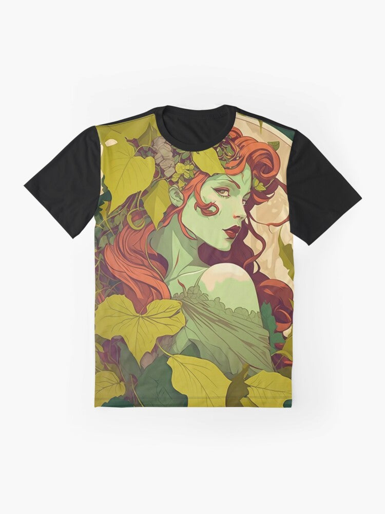 A whimsical female portrait of Poison Ivy in an art nouveau style, surrounded by a nature theme. - Flat lay