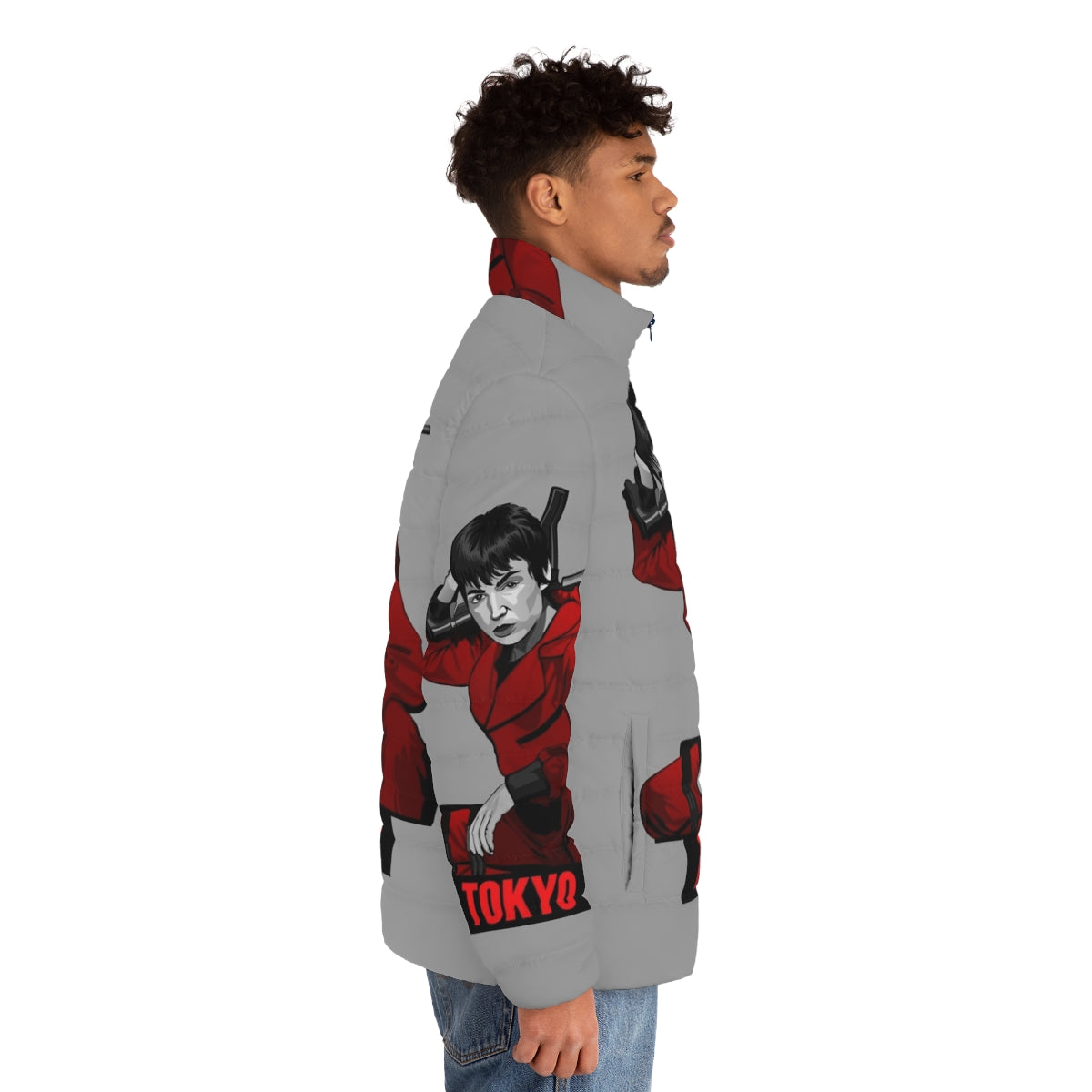 Money Heist Tokyo Puffer Jacket featuring iconic characters and symbols from the hit Netflix series - men side right