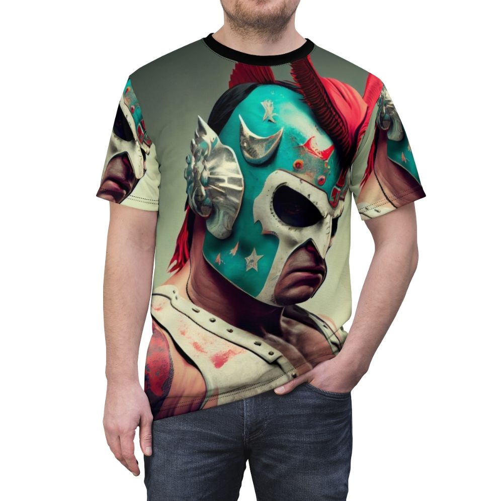 Illustration of a masked wrestler in a fighting stance on a t-shirt design - men front