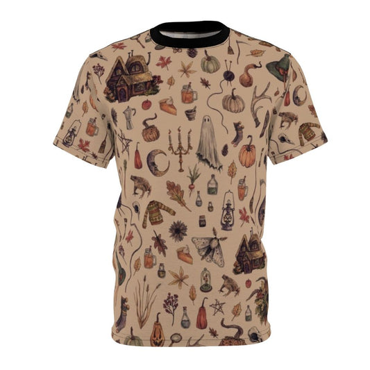 Rustic brown t-shirt with a cozy crone design, featuring a witch, black cat, and nature elements.