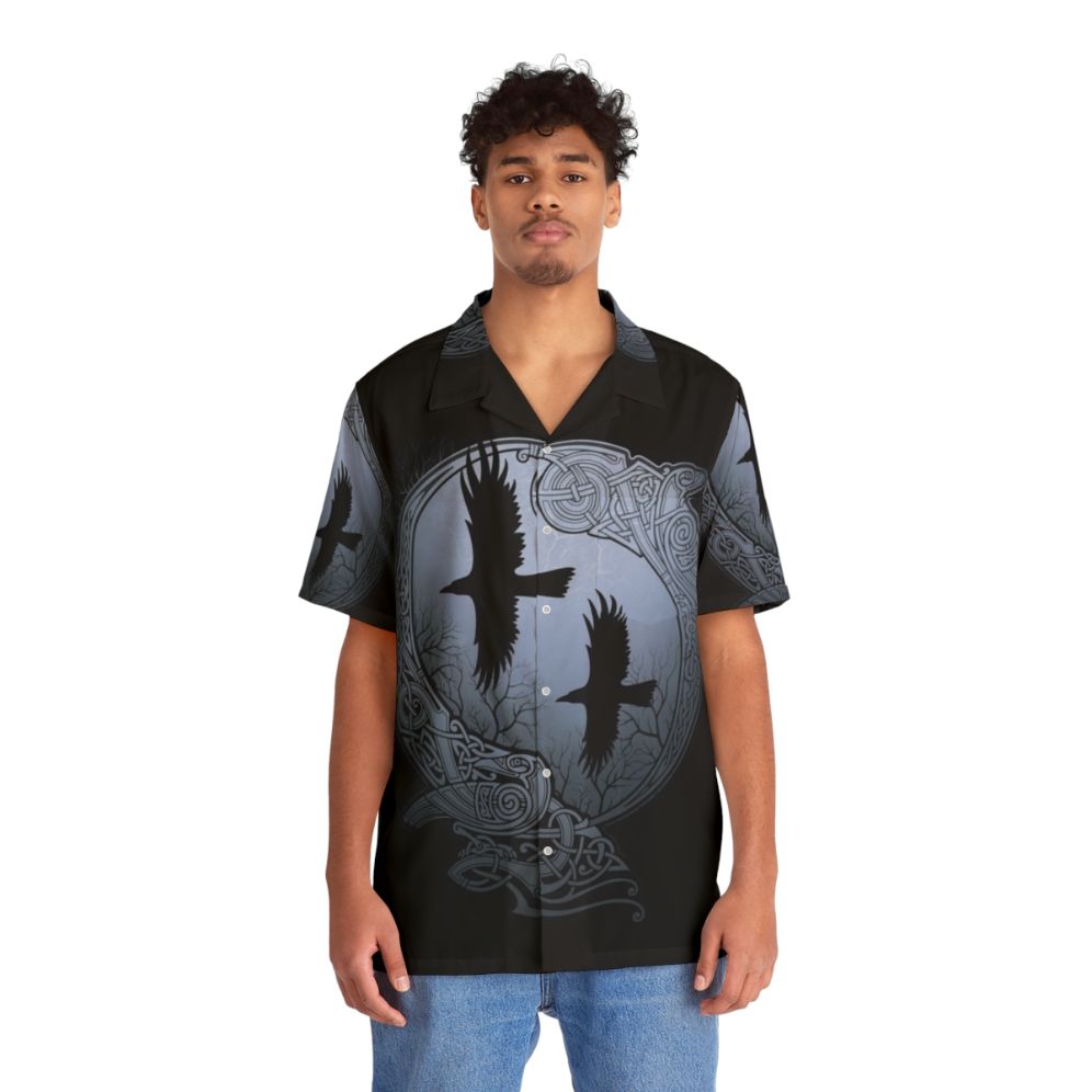 Odin's Ravens Hawaiian Shirt featuring a blue and white raven print design - People Front