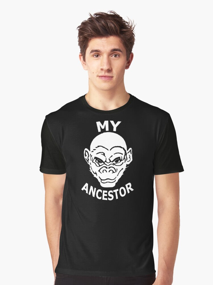 Graphic t-shirt featuring an evolutionary ancestor design with an ape or monkey silhouette - Men