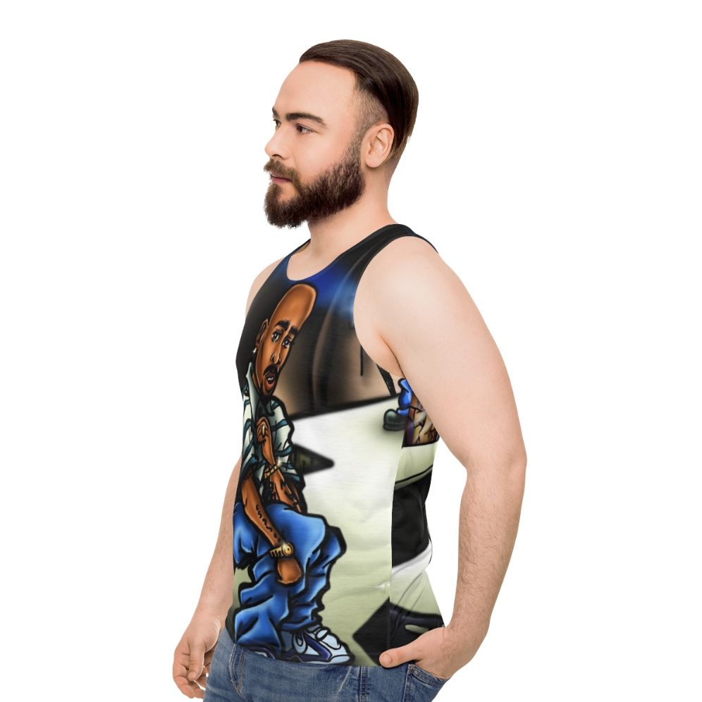 Unisex graphic tank top with airbrush anime-inspired caricatures - men side