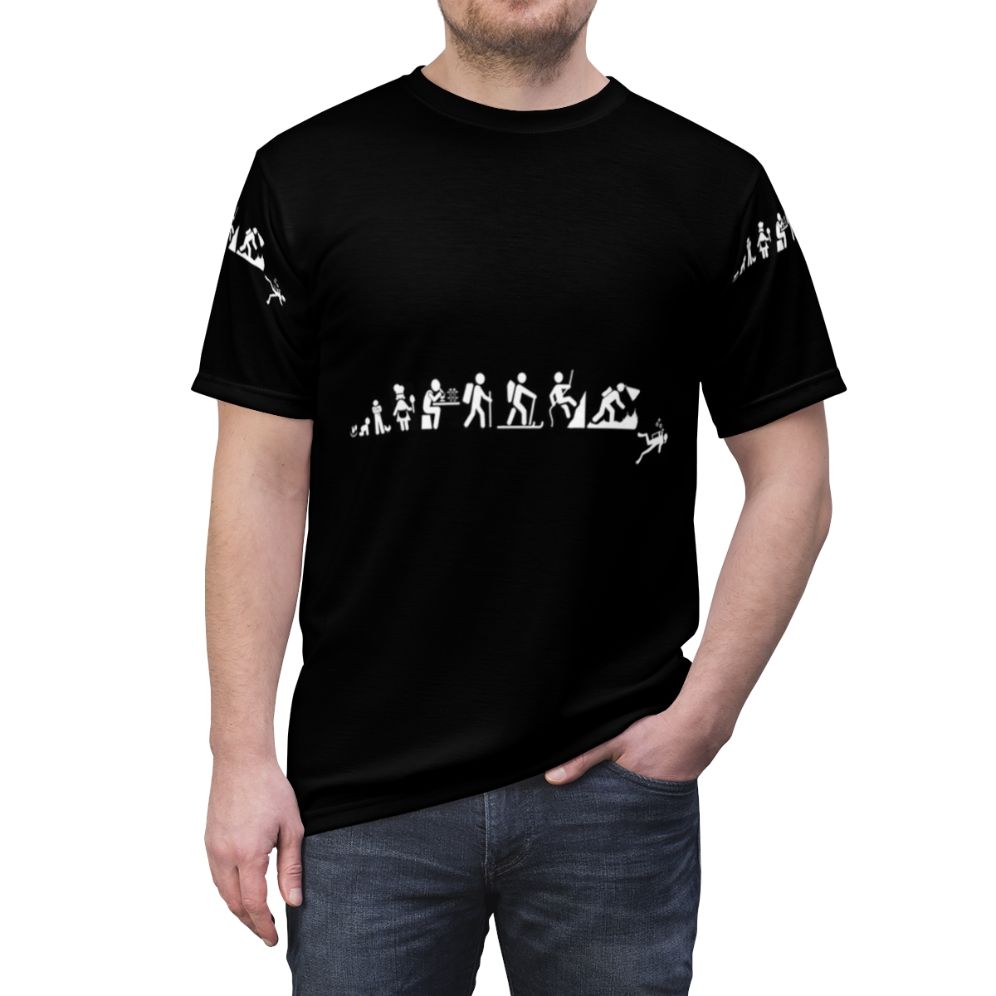 Stylish AOP t-shirt featuring the evolution of hobbies like caving, scuba diving, and cooking - men front