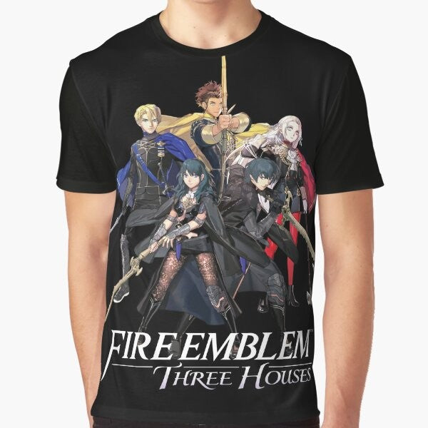 Graphic t-shirt featuring the House Leaders (Dimitri, Edelgard, Claude) and Byleth from the video game Fire Emblem: Three Houses