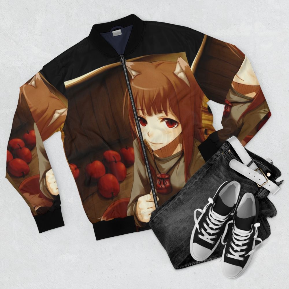 Stylish bomber jacket featuring the beloved anime character Horo from Spice and Wolf - Flat lay