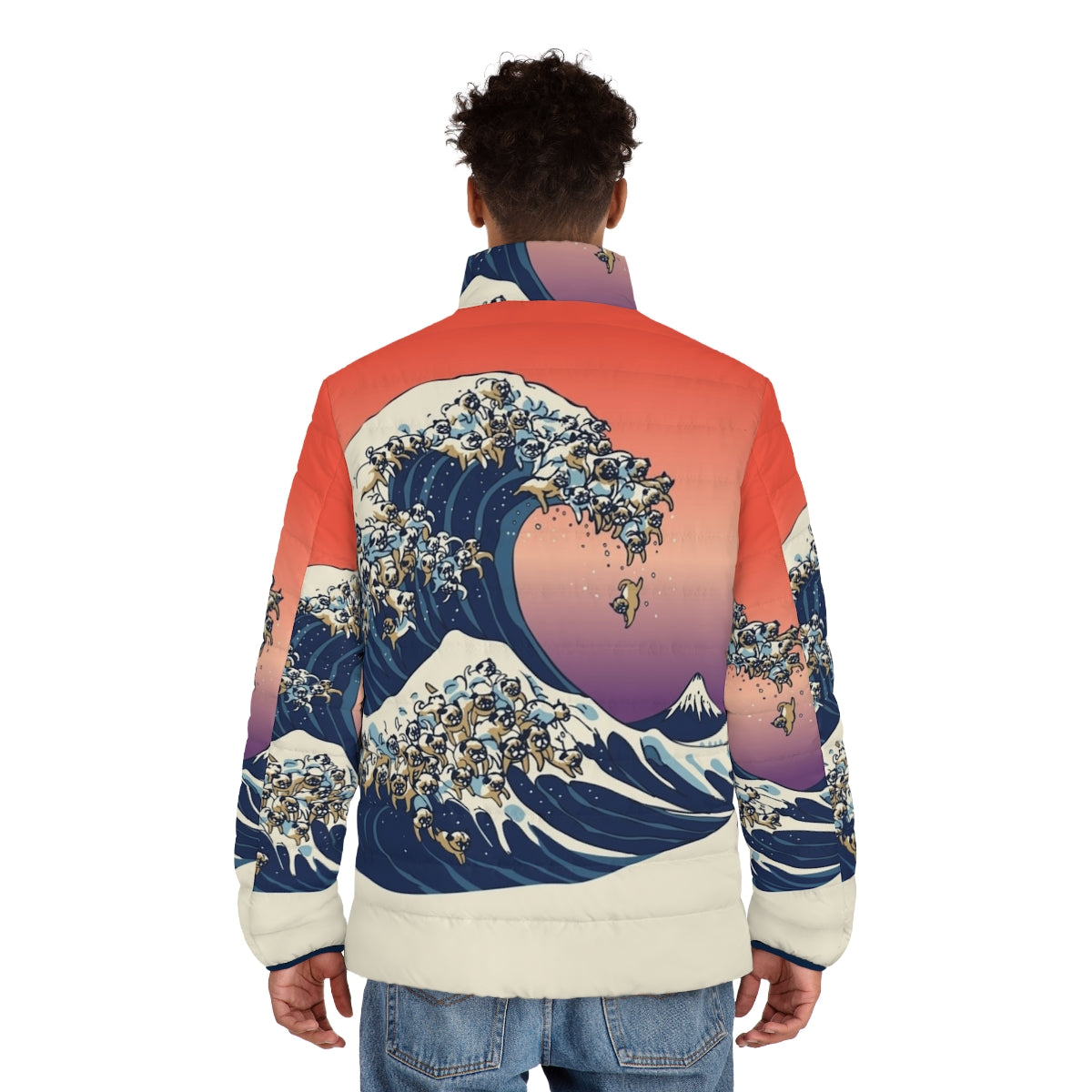 A pug wearing a puffer jacket with a Japanese wave design - men back