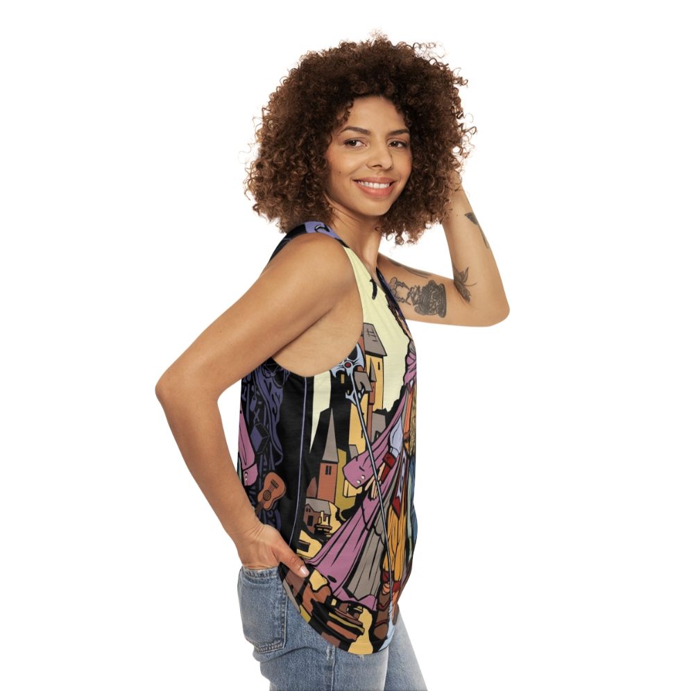 Unisex fantasy tank top with dragons and shadows design - women side