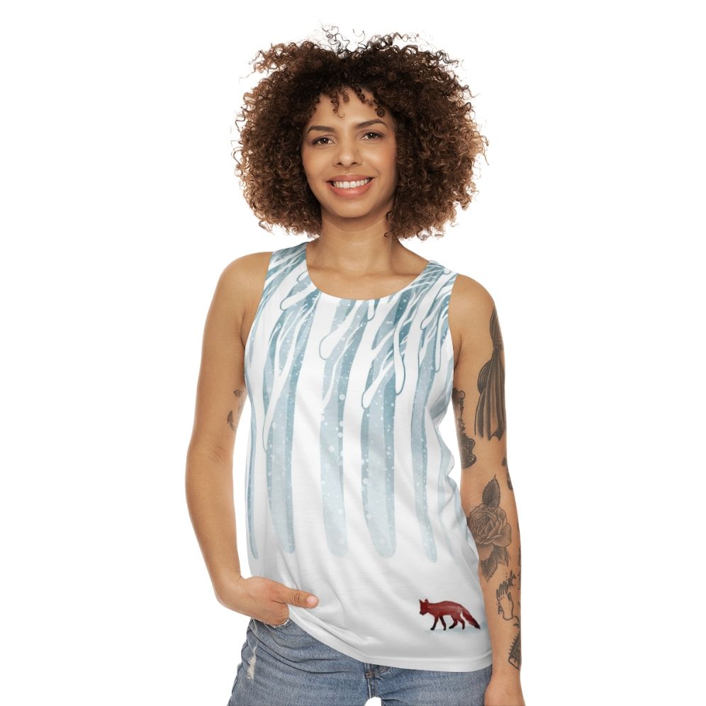 Unisex tank top with a snowy forest and fox design - women