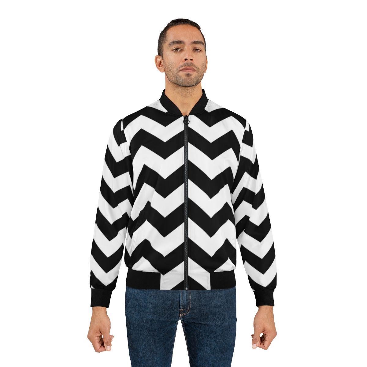 Sleek and stylish zig zag pattern bomber jacket in classic black and white colors. - Lifestyle