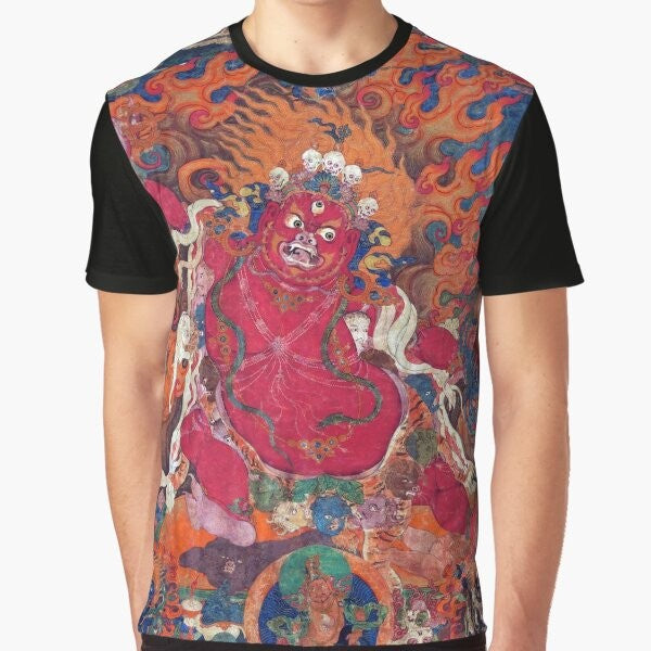 Guru Dragpo, a Tibetan Buddhist deity, featured on a graphic t-shirt with restored Tibetan artwork