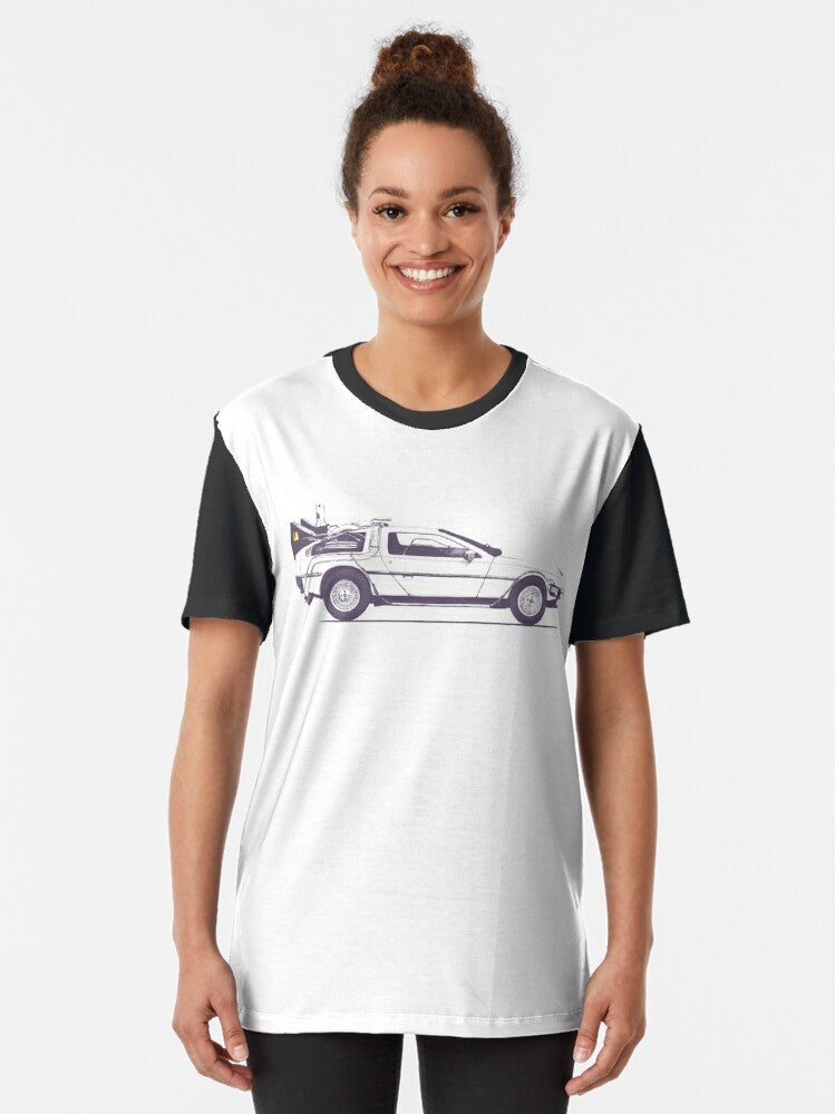 Vintage Delorean car graphic on a t-shirt with "Back to the Future" inspired design - Women