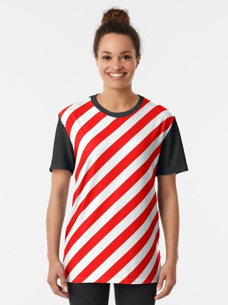 Striped graphic t-shirt with red and white diagonal stripes - Women