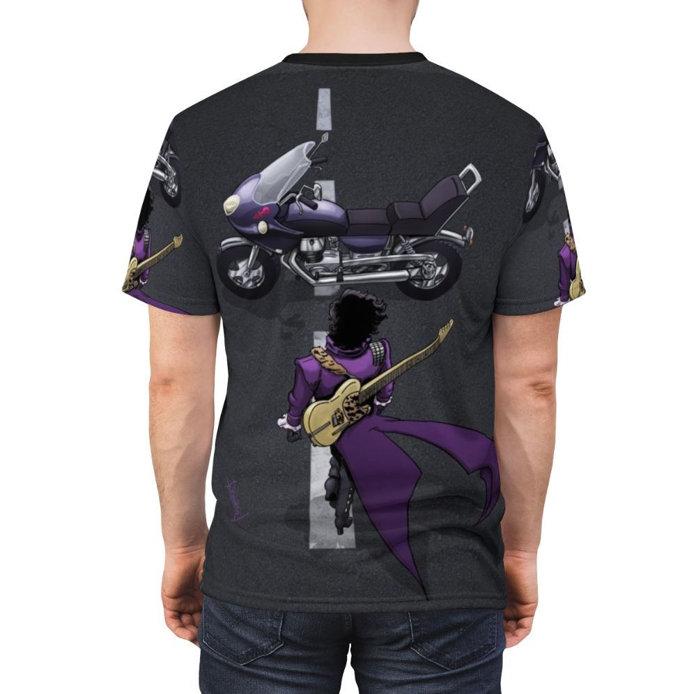 Unisex t-shirt featuring a vibrant motorcycle, guitar, and purple-themed design inspired by manga and anime art. - men back