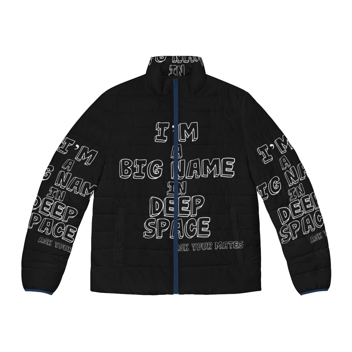 "Big Name In Deep Space Puffer Jacket featuring a galaxy-inspired design"