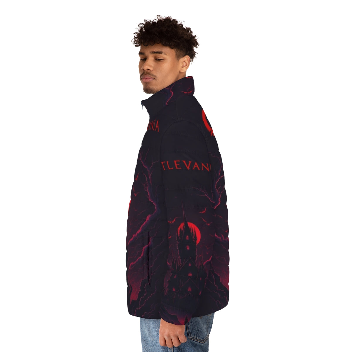 Castlevania Dark Puffer Jacket with Alucard, Trevor Belmont, and Dracula design - men side left