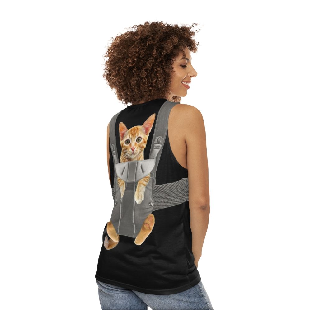 Unisex tank top with a funny cat in a baby carrier design - women back