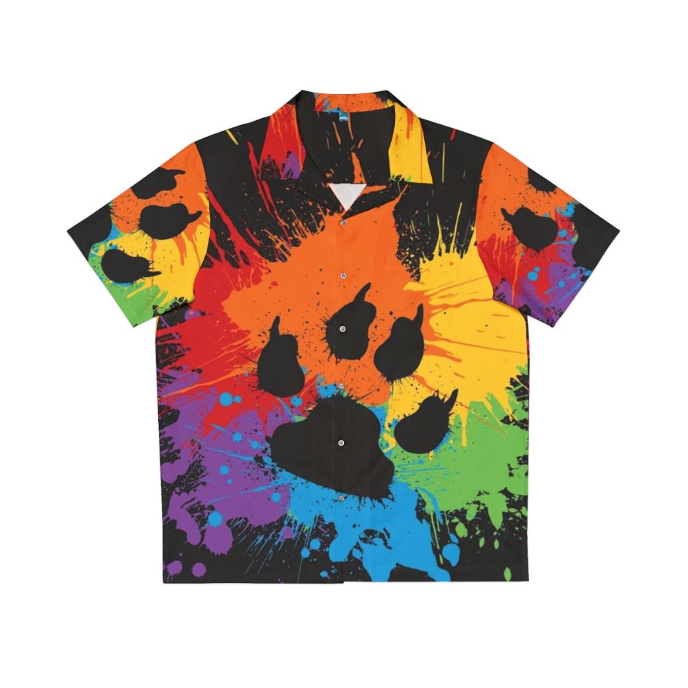 Colorful Hawaiian-style shirt featuring paw prints and rainbow pride design