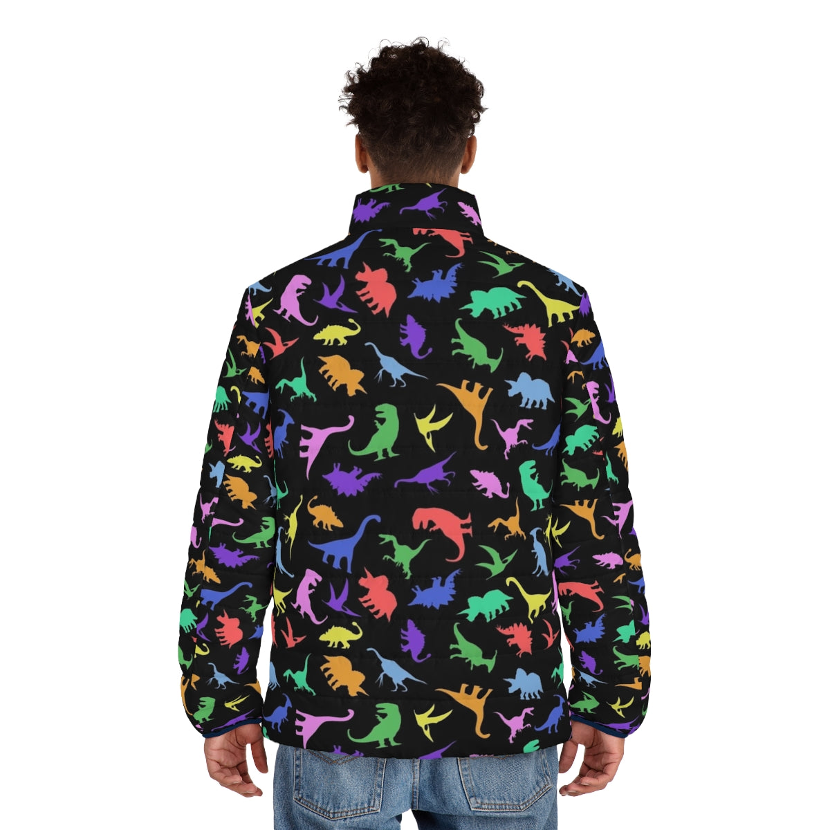 Dinosaur pattern black puffer jacket - men back