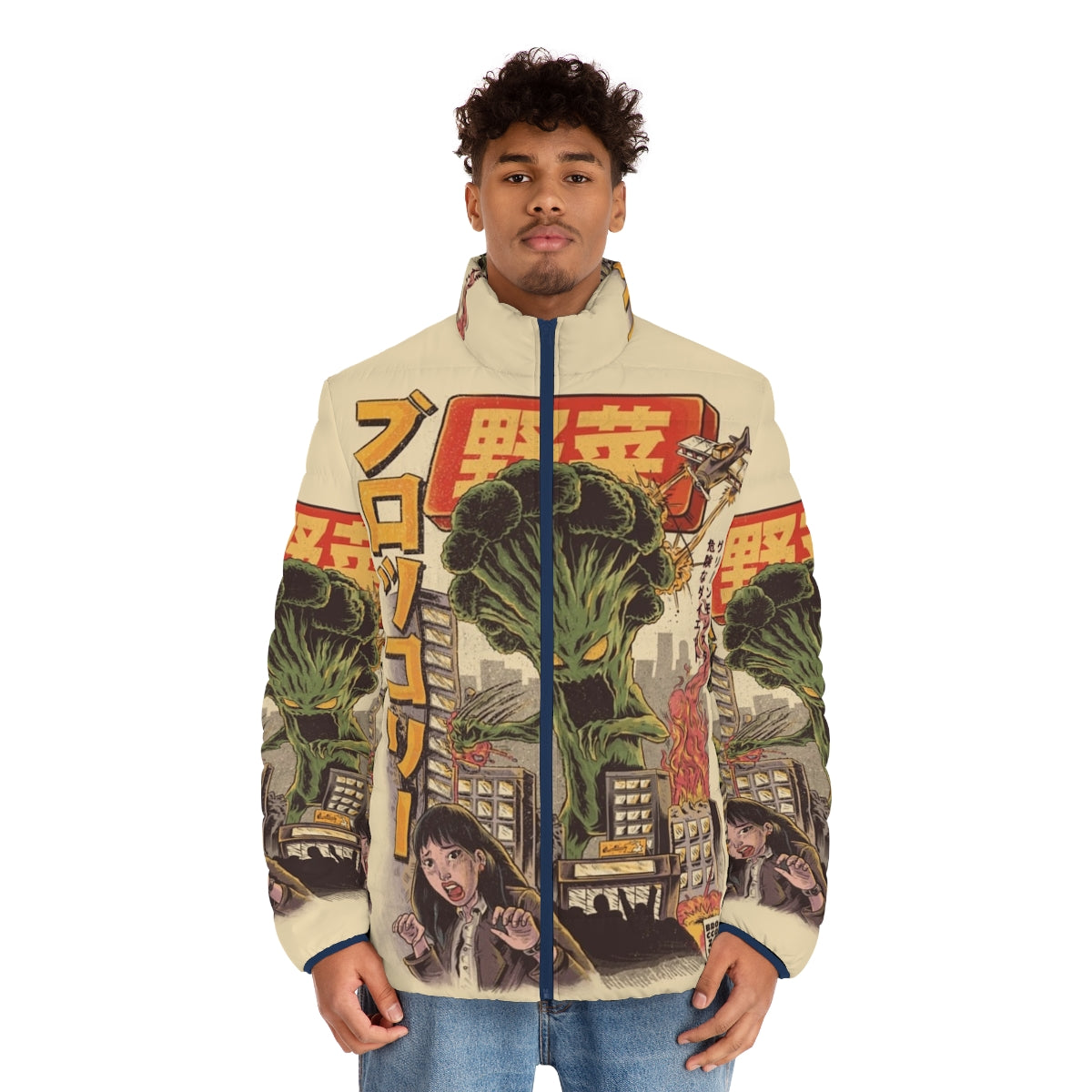 Broccozilla puffer jacket featuring a vegetable monster design - men front