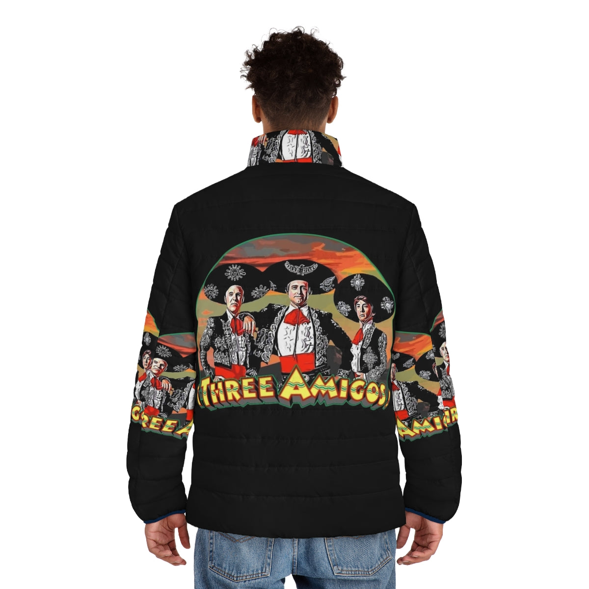 Three Amigos Puffer Jacket featuring the iconic comedy trio from the classic 80s film - men back