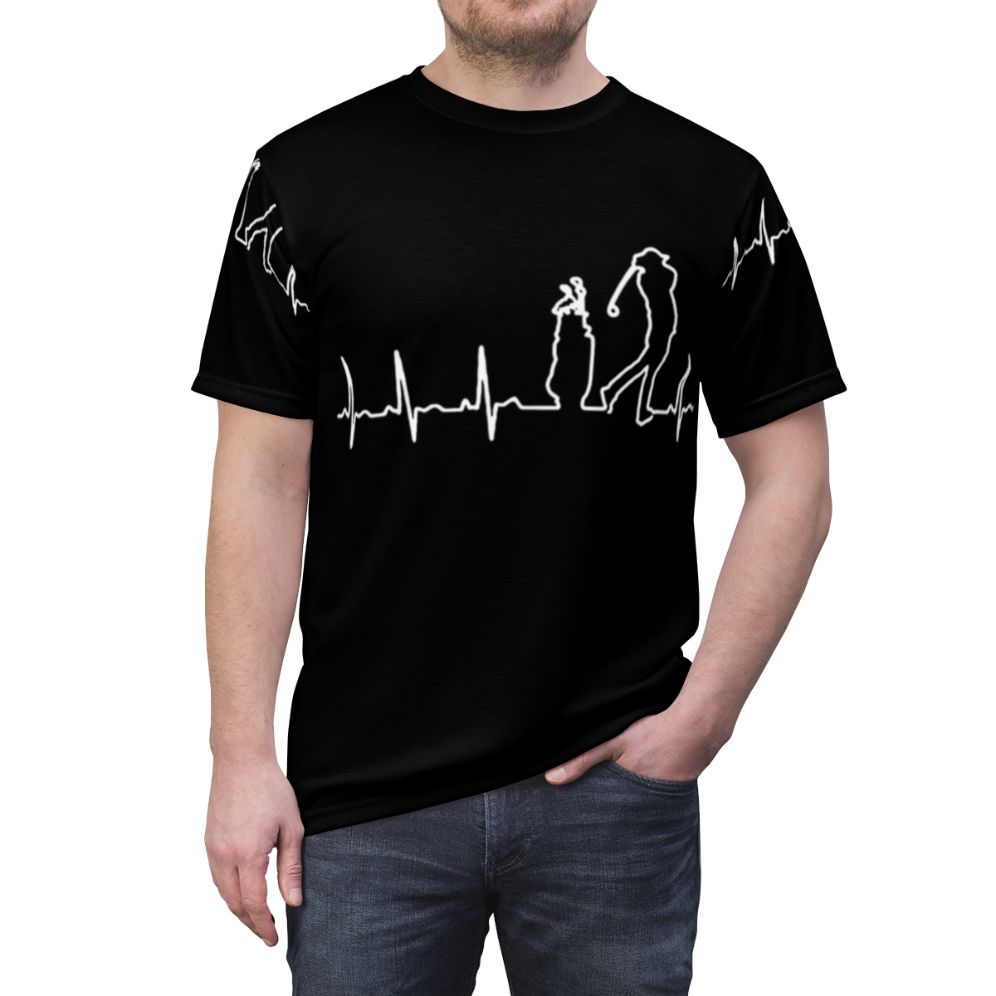 A high-quality t-shirt featuring a golfing heartbeat design, perfect for golf enthusiasts. - men front