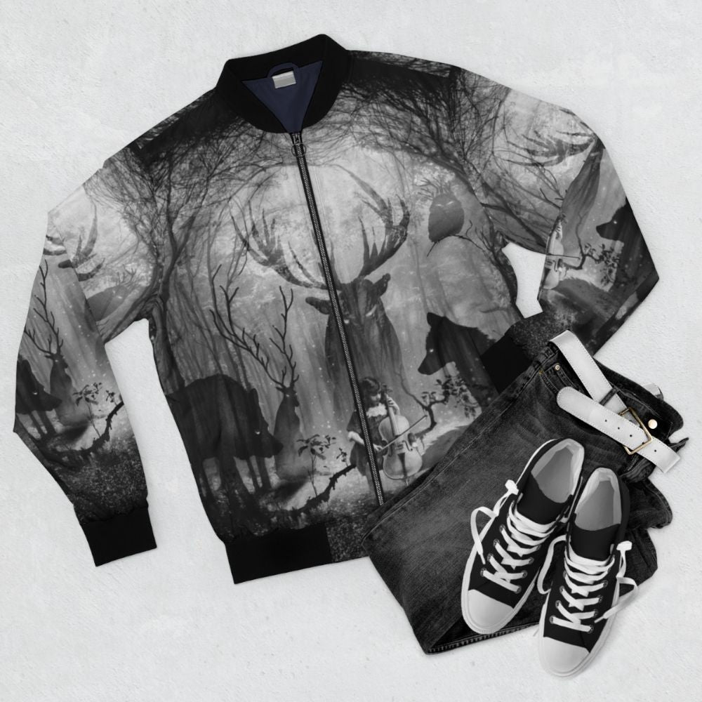 Enchanted Forest Music Bomber Jacket with Cello, Deer, Fox and Wolf Graphic Design - Flat lay