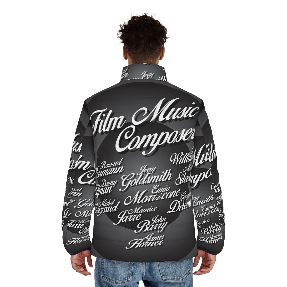 A puffer jacket featuring the names of iconic movie music composers. - men back