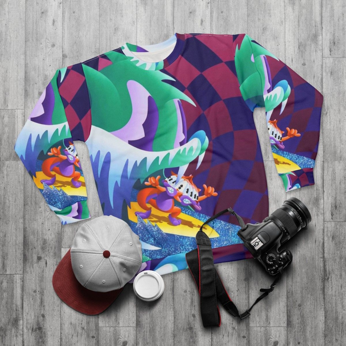 MGMT "Congratulations" graphic sweatshirt, featuring the alternative music band's album artwork - flat lay