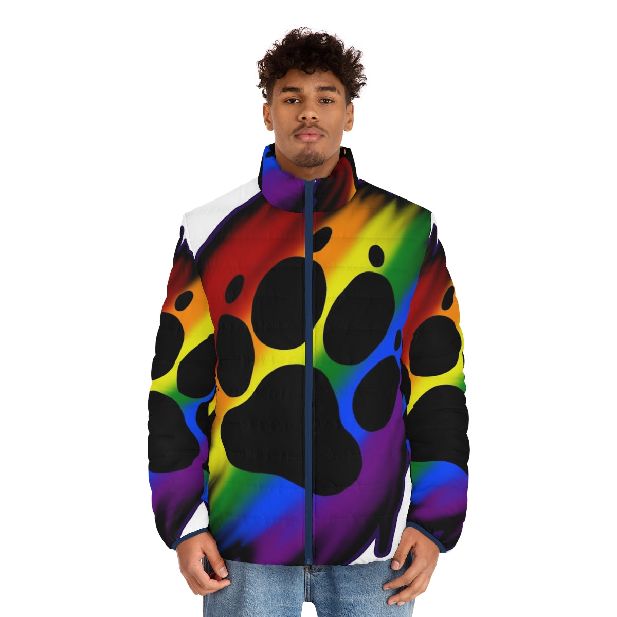 Colorful and cozy rainbow puffer jacket with animal paw design - men front