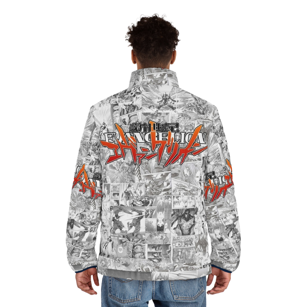 Evangelion puffer jacket featuring iconic mecha anime characters - men back