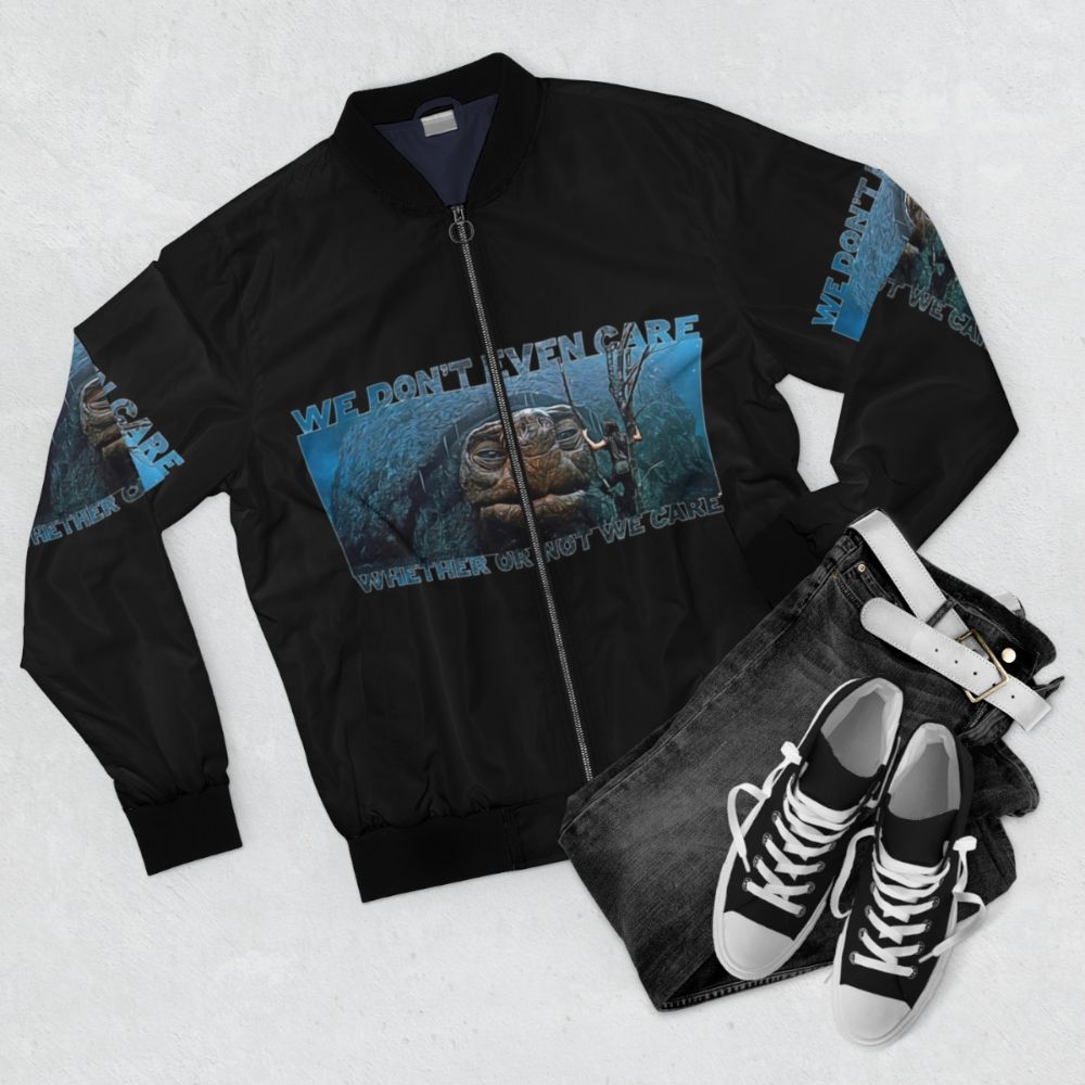 Never Ending Story Bomber Jacket featuring the ancient one Morla the turtle - Flat lay