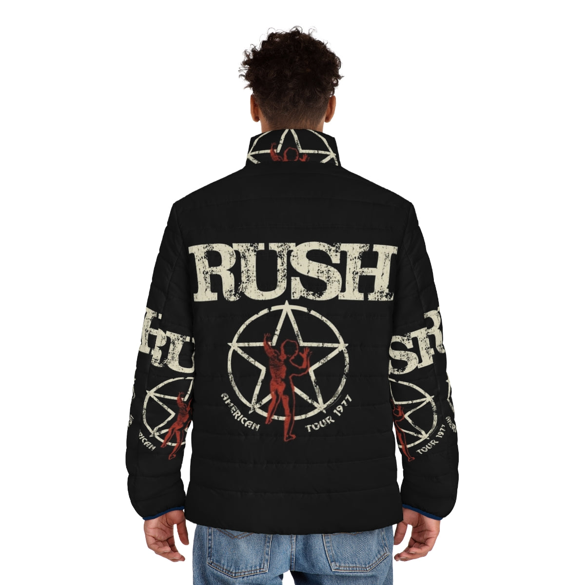 Rush band logo on retro-style puffer jacket for music fans - men back