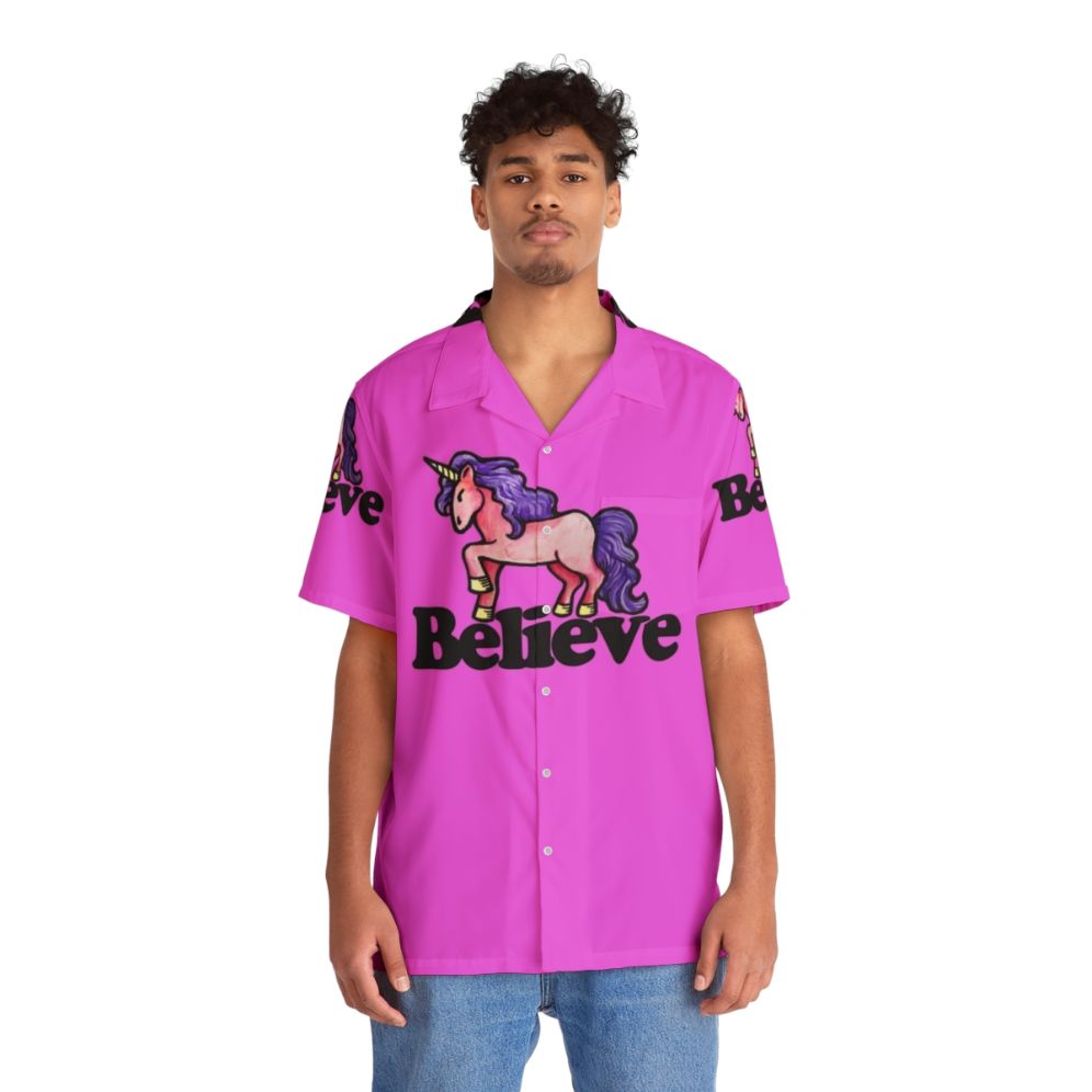 Believe in Unicorns Hawaiian Shirt with Colorful Unicorn Print - People Front