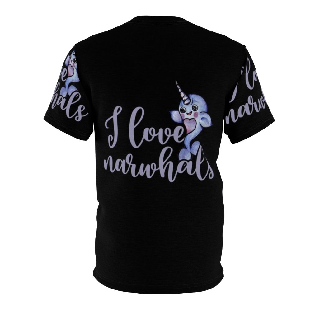 A vibrant t-shirt featuring a whimsical narwhal design in shades of purple and pink. - Back