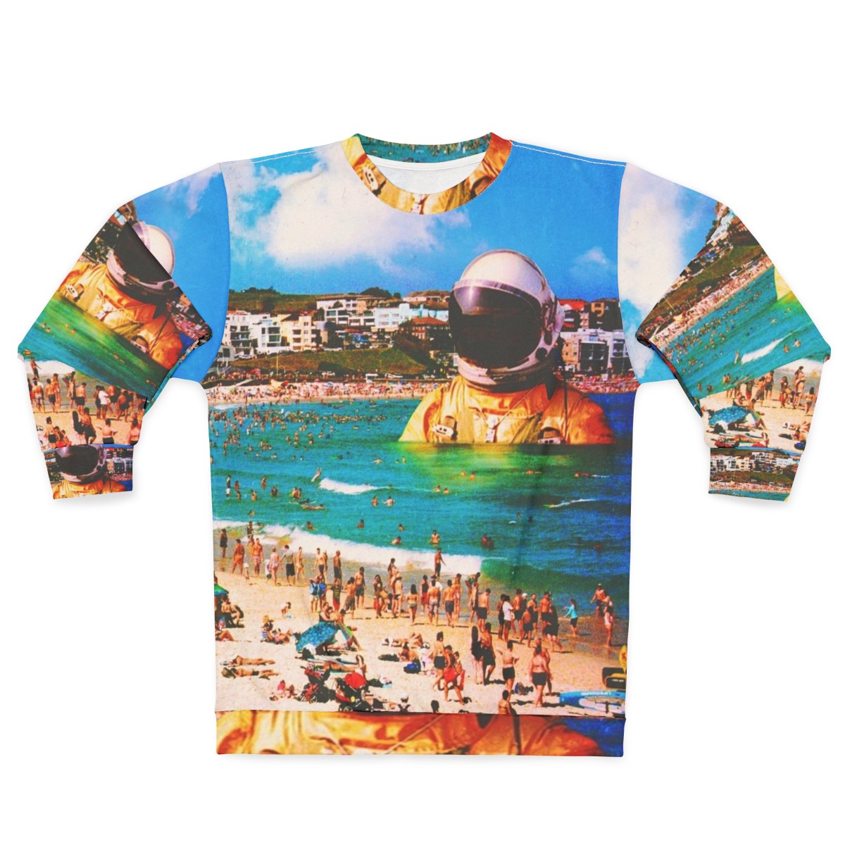 Surreal digital art sweatshirt featuring a beach astronaut in a collage design