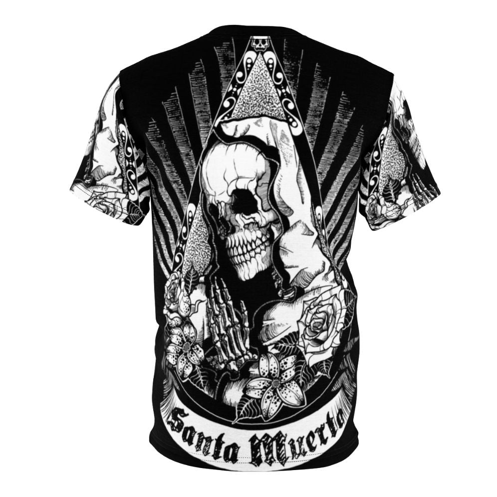 Dark graphic t-shirt with a Santa Muerte design featuring a skull, skeleton flowers, and occult symbols representing Mexican folklore and culture. - Back