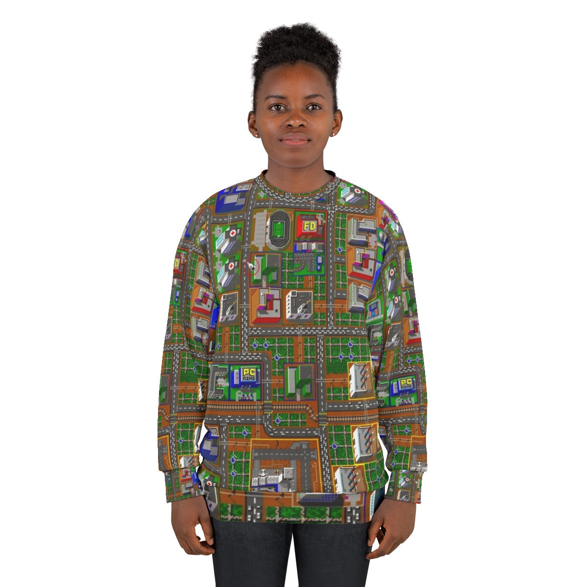 Retro Simcity 1 gaming sweatshirt with pixelated graphics - women