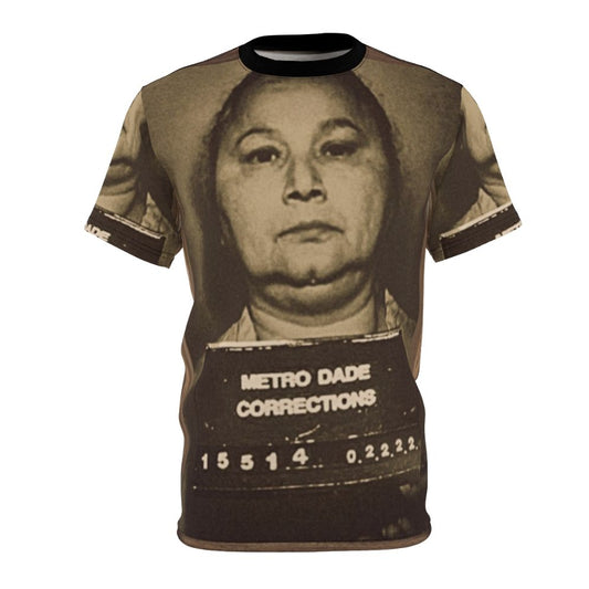 Griselda Blanco inspired all-over-print t-shirt design featuring the crime boss known as the "Black Widow"