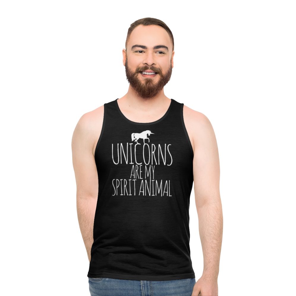 Unisex unicorn tank top with 'Unicorns Are My Spirit Animal' text - men