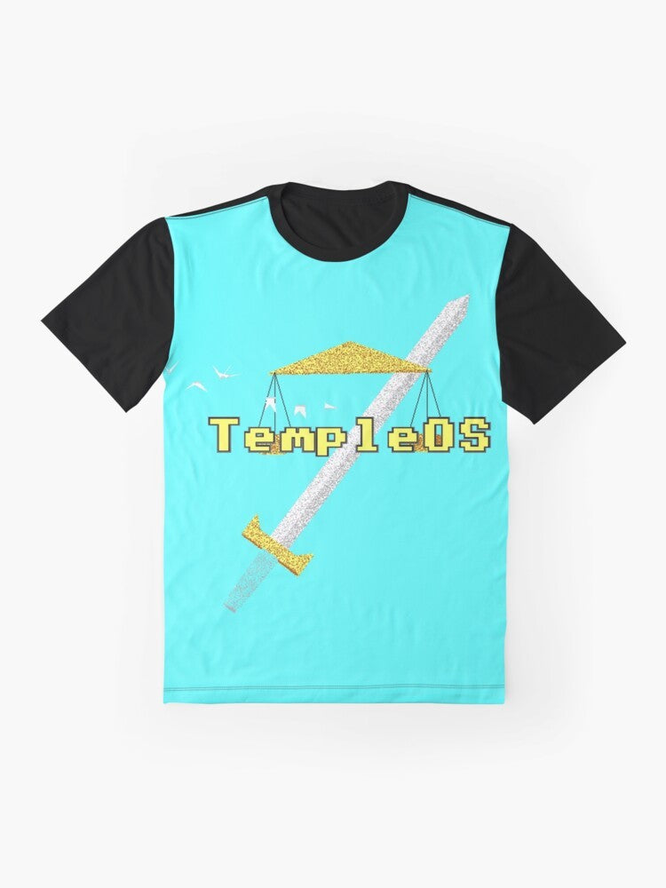 Temple OS Graphic T-Shirt featuring the iconic operating system created by Terry Davis - Flat lay