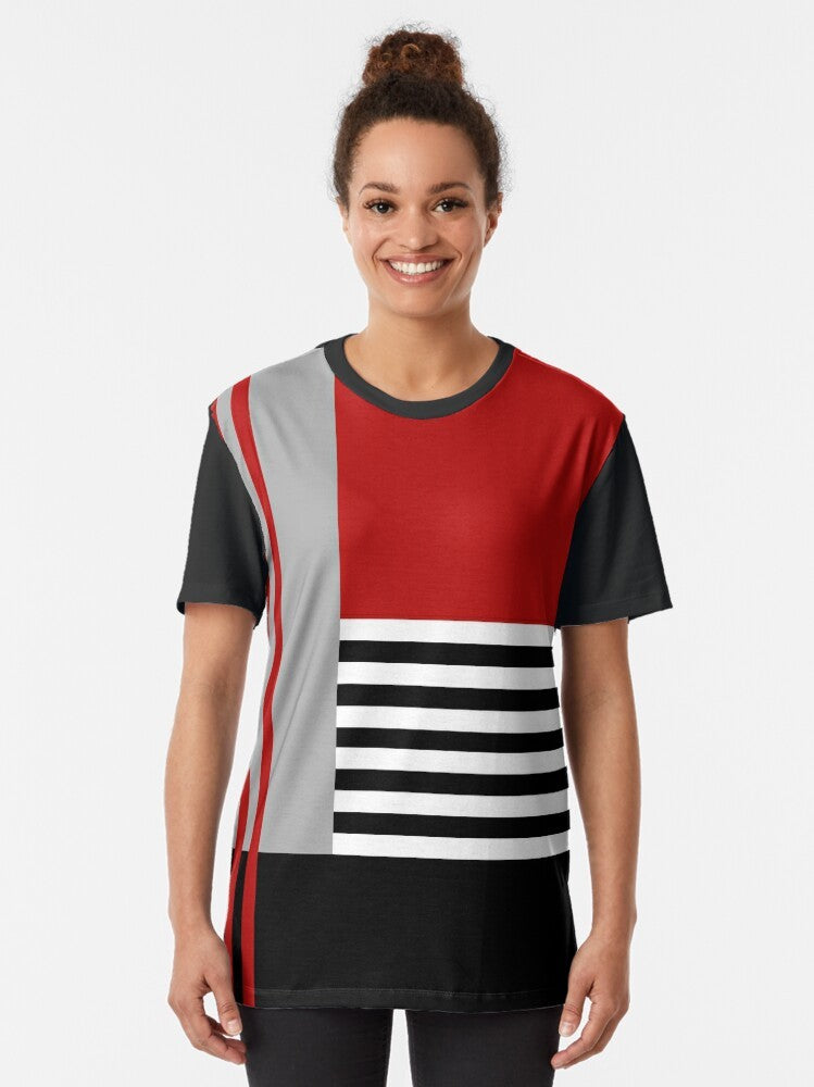 Colorful geometric minimalist design t-shirt featuring abstract patterns and shapes - Women