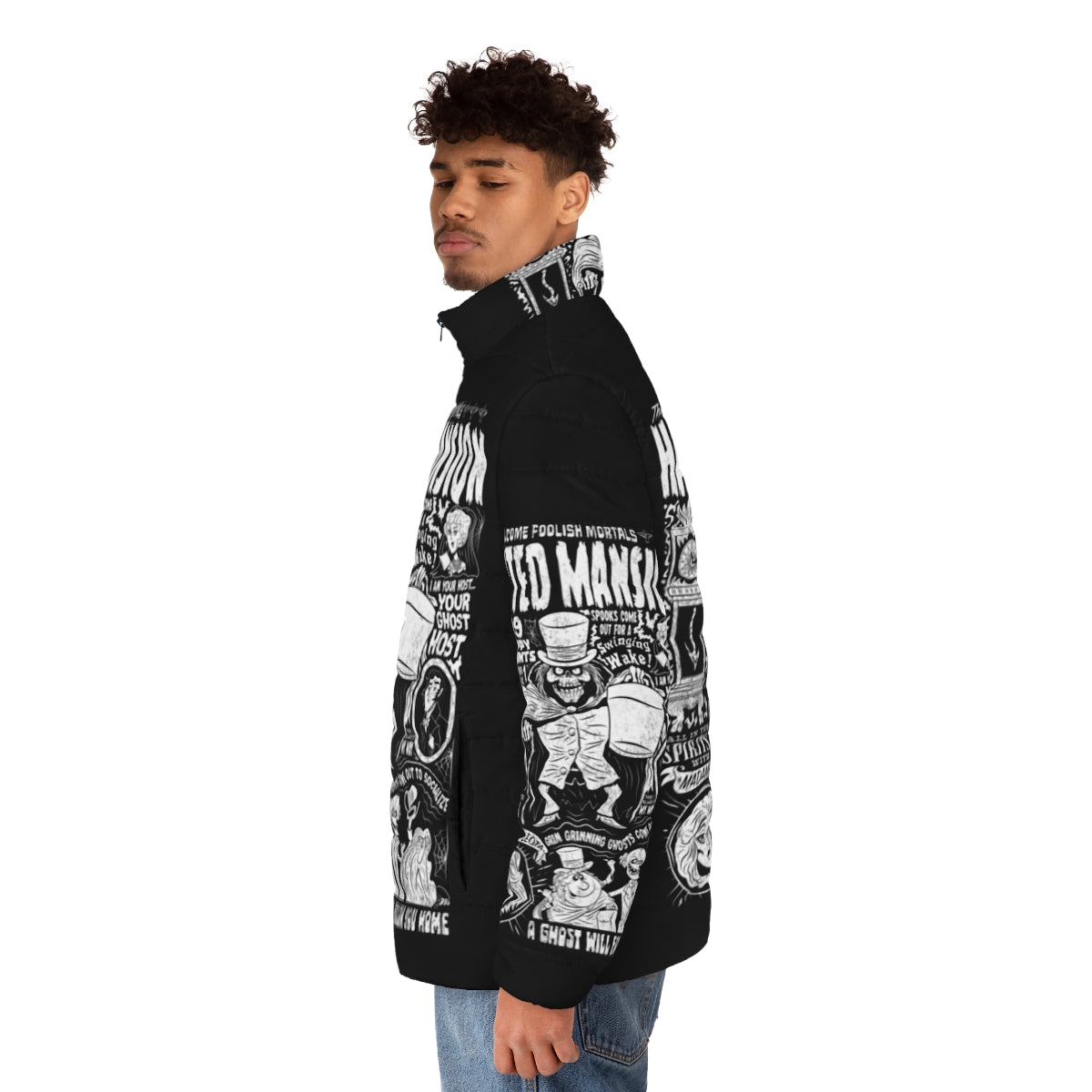 Haunted Mansion Spookshow Puffer Jacket - Halloween Gothic Outerwear with Focus Keyword - men side left